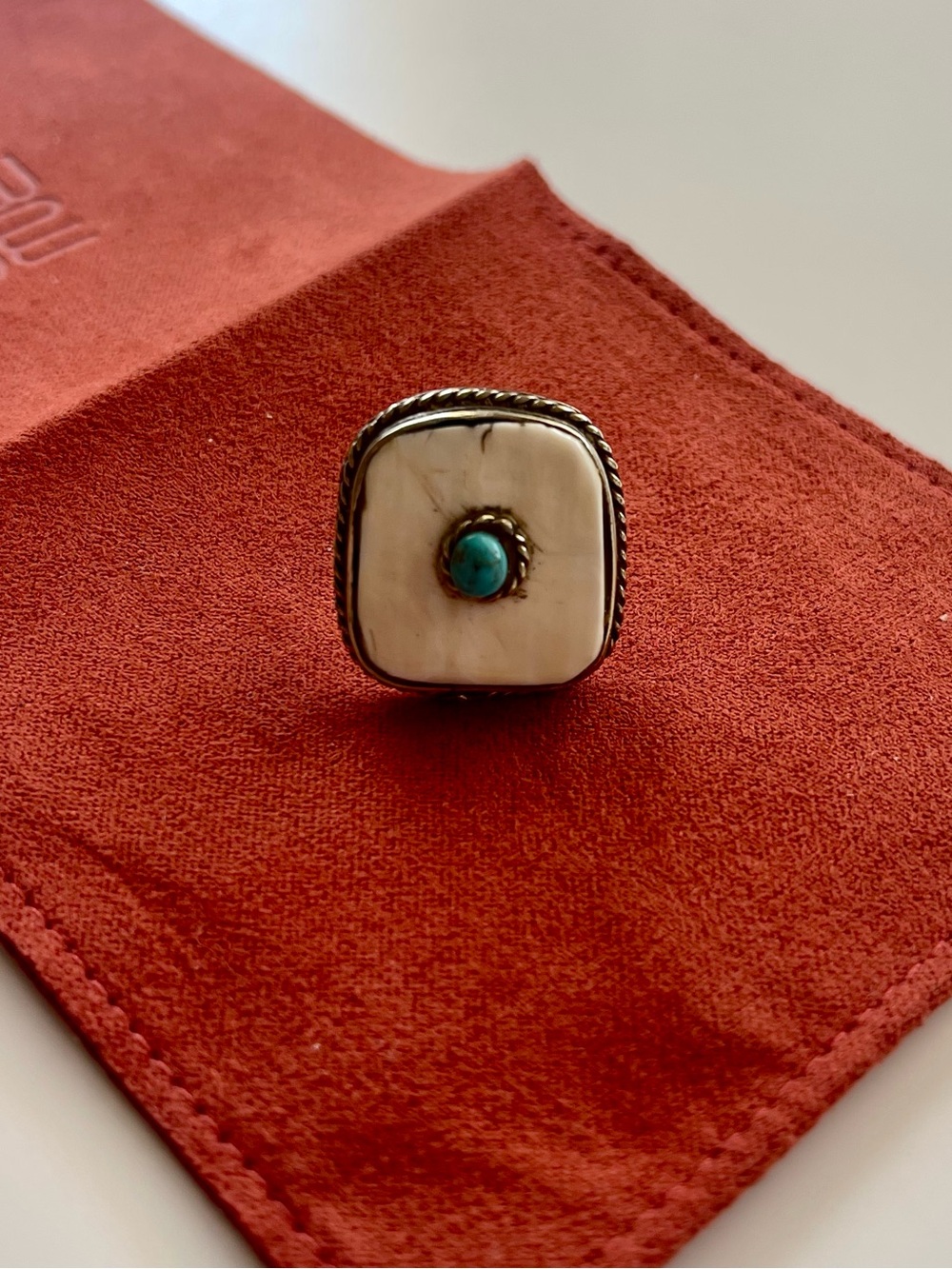 Handmade Bone White Stone Ring with Turquoise